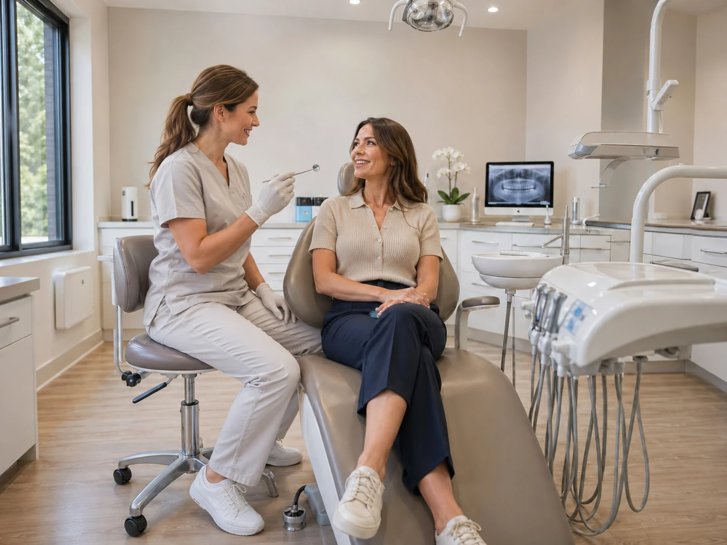 Female dentist discussing intravenous conscious sedation with a patient in York
